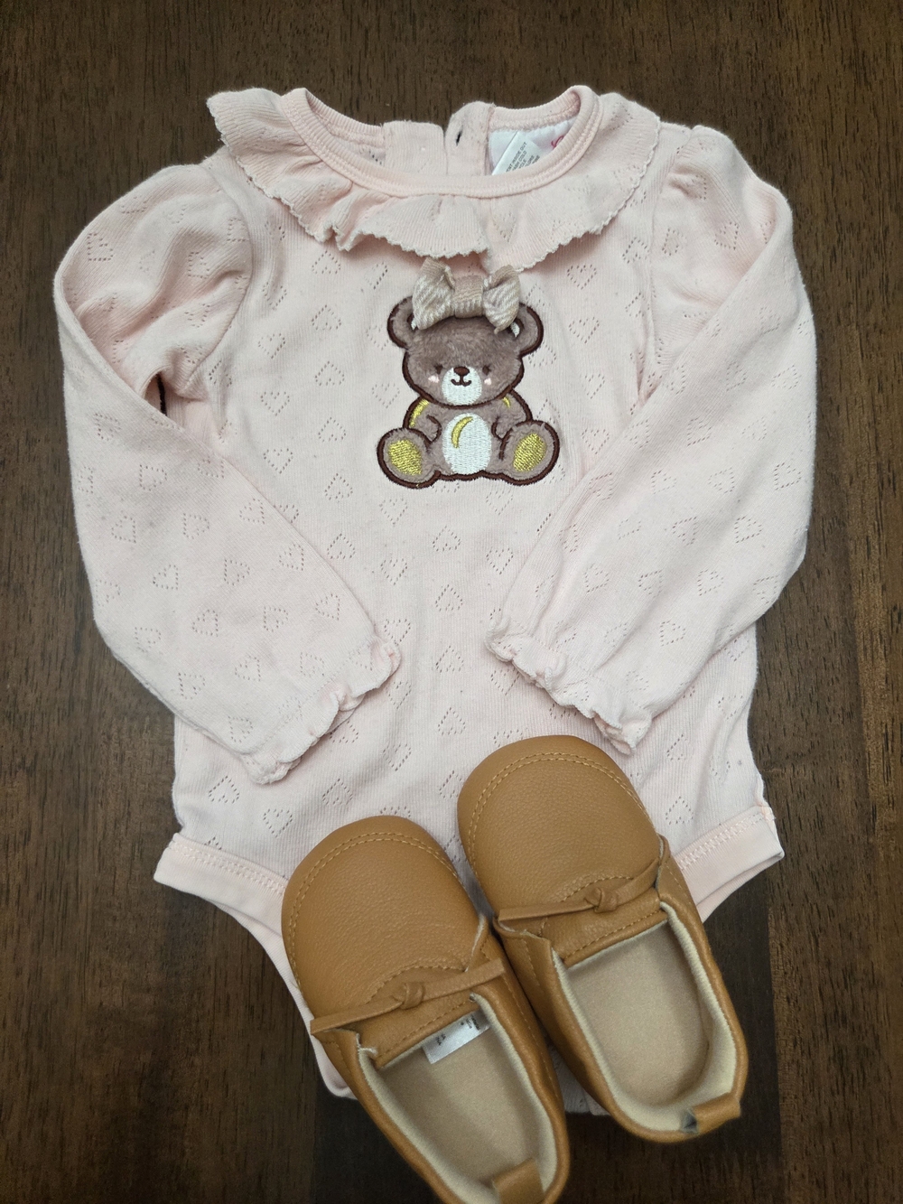Little Lass Pale Pink Infant Bodysuit with Ruffle Collar and Tan Baby Shoes